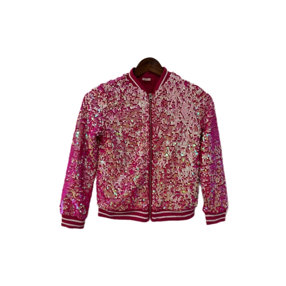 Wonder Nation Sequin Bomber Jacket Kids Size M 7-8 Pink Excellent Full Zip